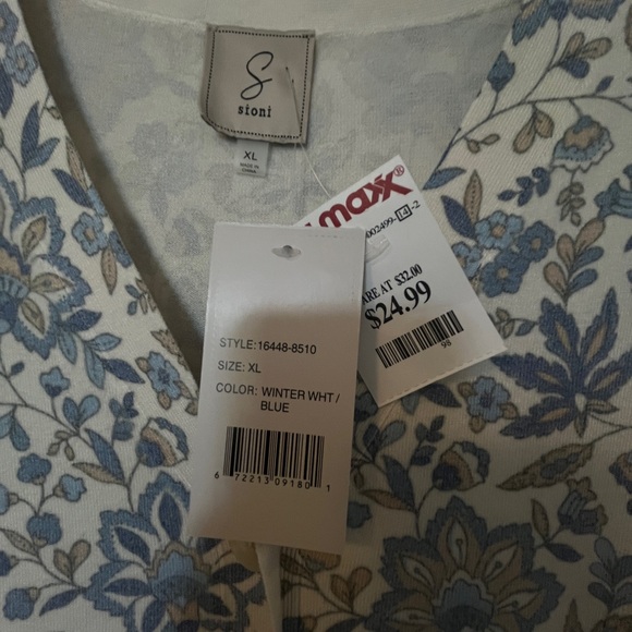 Blue/white/tan flower print cardigan, XL - Picture 3 of 5